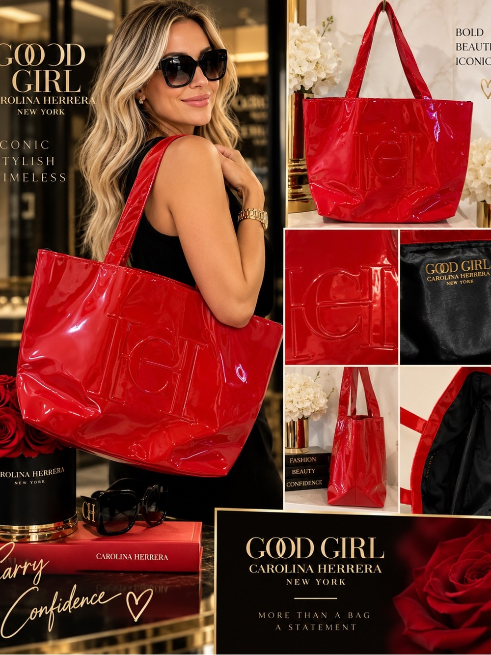 Carolina Herrera Good Girl Red Patent XL Tote Bag – Large Logo Statement Bag